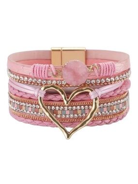 Pink Leather Multi Layer Heart Crystal Druzy Magnetic Bracelet